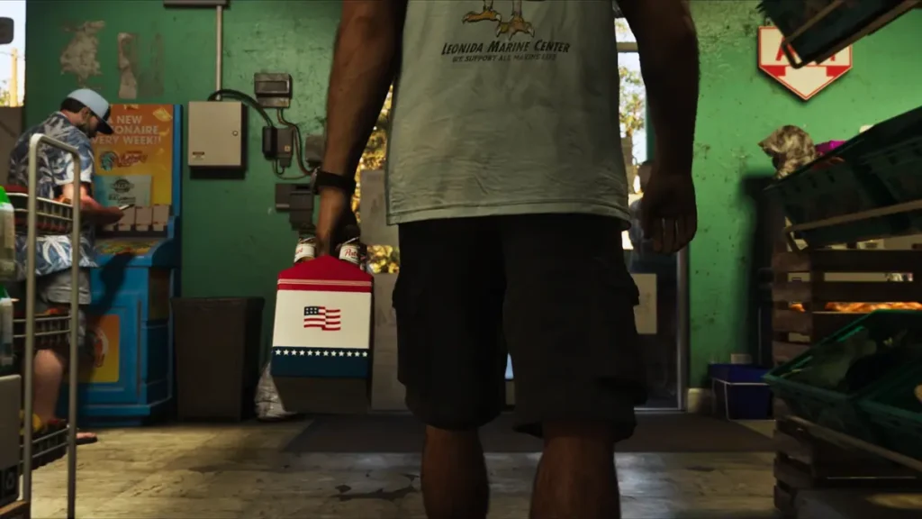 GTA 6 I screenshot featuring Jason in Leonidas Marine Center shirt inside a local convenience store