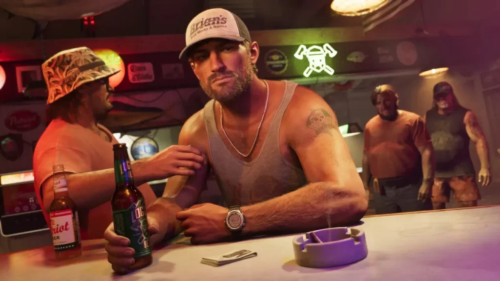 GTA 6 character Jason at a neon-lit Vice City bar with a beer and friends