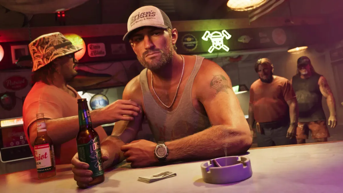 GTA 6 character Jason at a neon-lit Vice City bar with a beer and friends