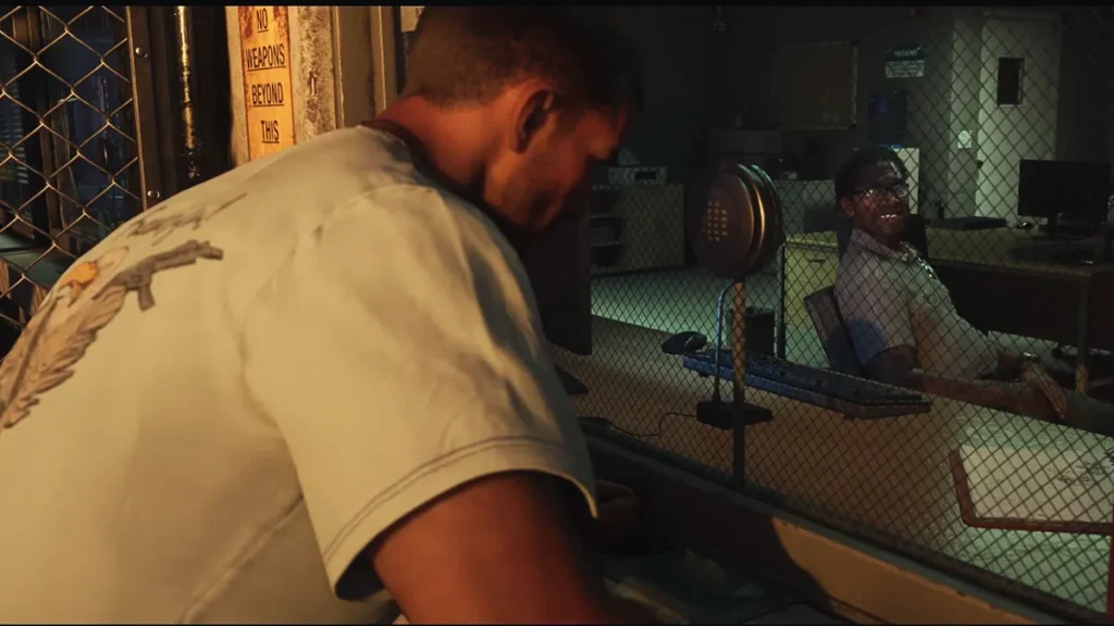 GTA 6 scene showing protagonist Jason Duval with rifle tattoo facing prison security officer