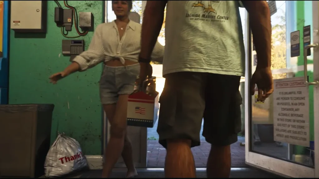 GTA 6 screenshot showing Jason with American flag cooler and female NPC at convenience store doorway