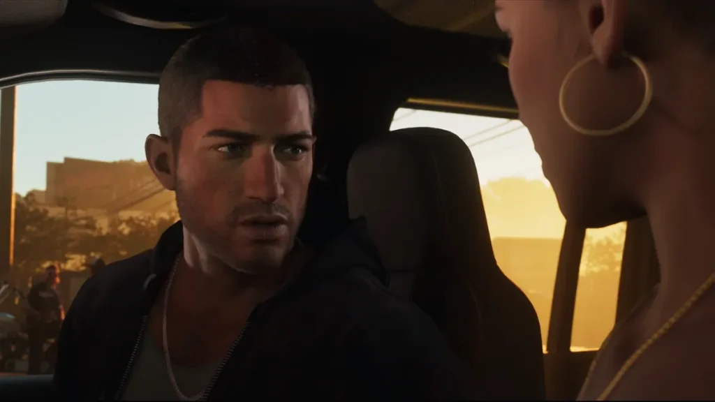 Close-up of Jason talking to Lucia inside a car during sunset in GTA 6 Trailer 2, depicting emotional tension and cinematic storytelling.