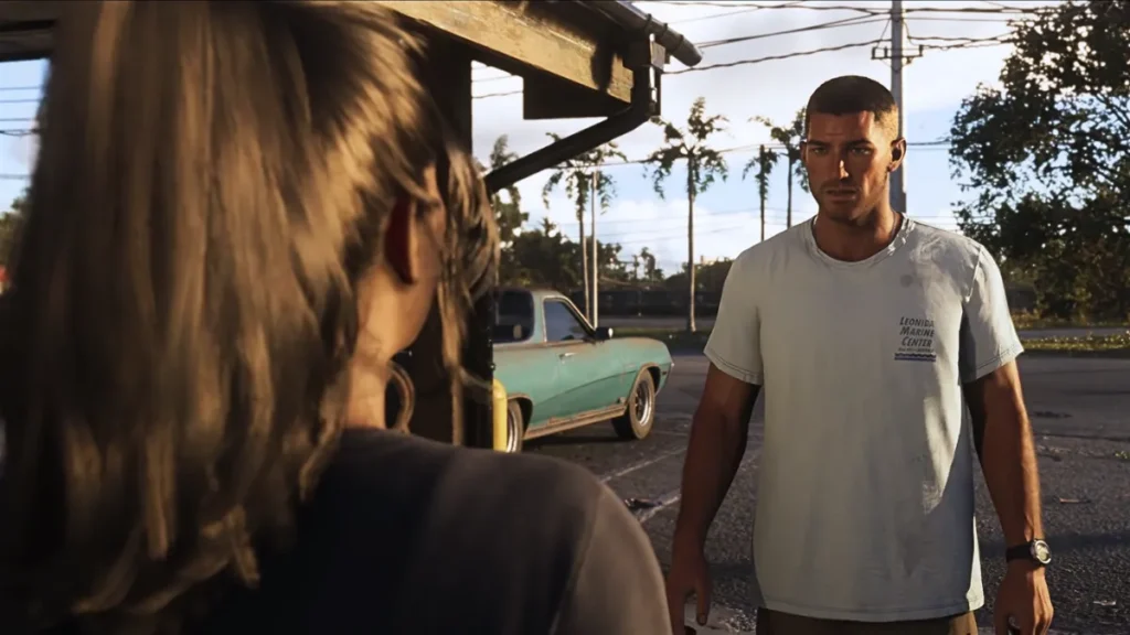 GTA 6 Fans Reminded Why Rockstar Refuses to Cast Hollywood Stars, as Sam Houser's Comments Resurface Jason and Lucia talk outside in GTA 6 Trailer 2 with a green vintage car in the background.