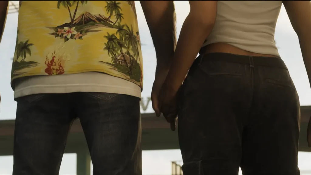 Jason and Lucia holding hands in GTA 6 Trailer 2, showing a close-up view from behind with emotional tension and cinematic lighting
