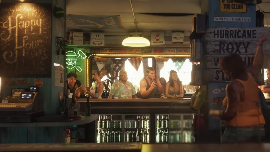 Jason and Lucia with others at a Vice City bar in GTA 6 Trailer 2