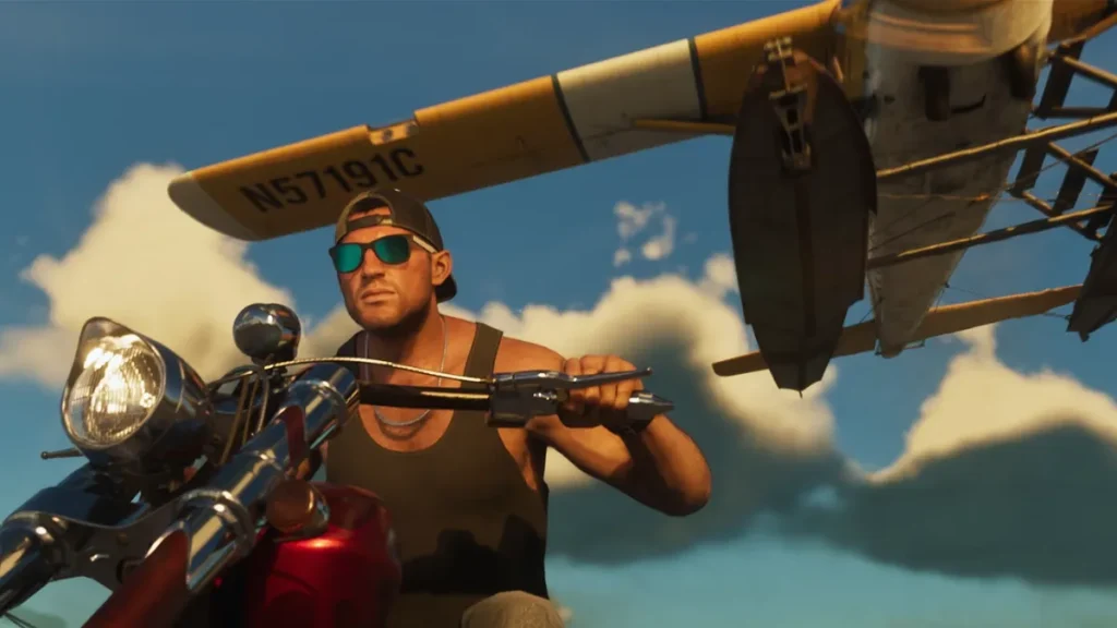 Will GTA 6 Have Destructible Buildings and Environments? Jason riding a motorcycle in GTA 6 with a yellow seaplane flying closely overhead against a sunset sky.