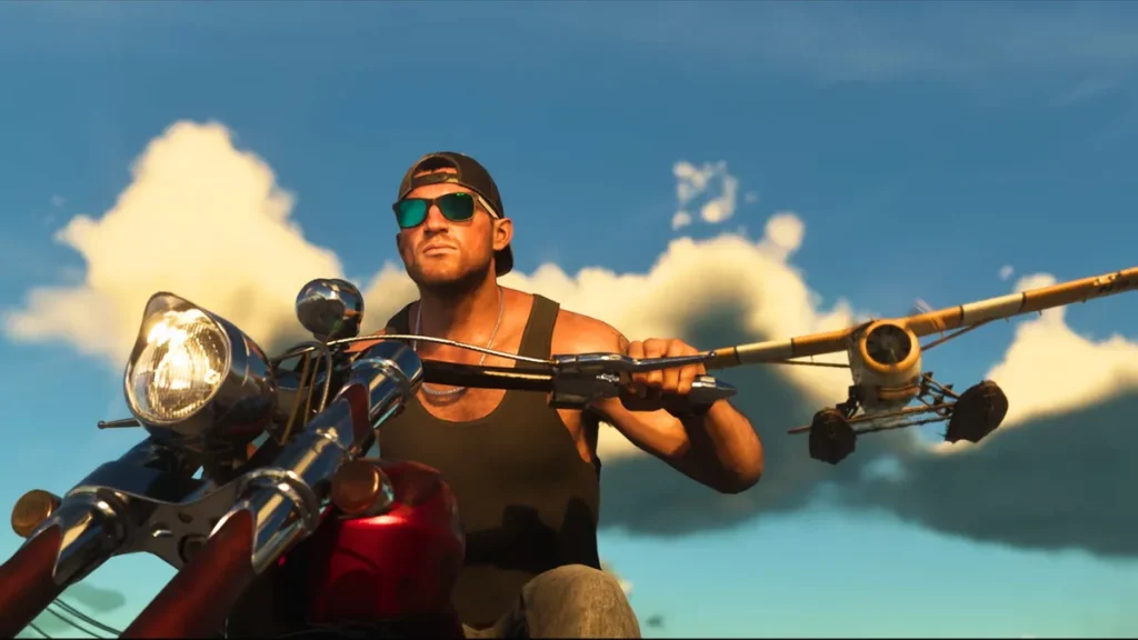 GTA 6 character Jason riding a motorcycle at sunset with a yellow seaplane flying above him
