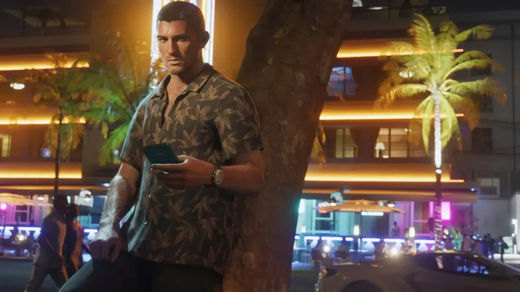 GTA 6 Jason checking phone under neon lights in Vice City