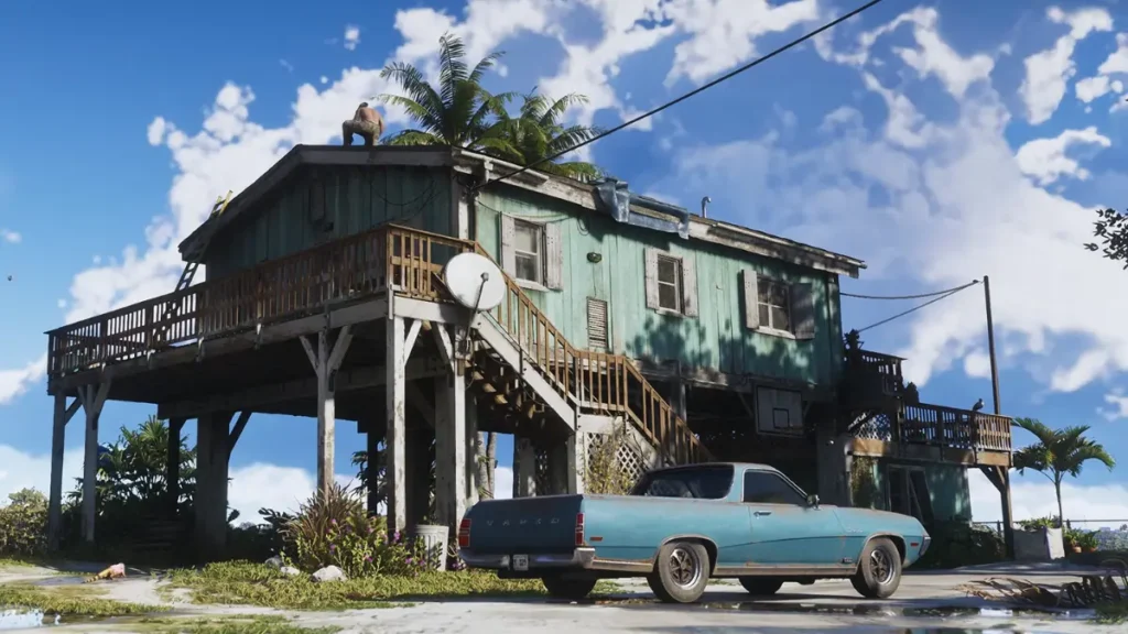 GTA 6 character Jason repairing the roof of a stilt house in a rural Vice City setting, as seen in Trailer 2.