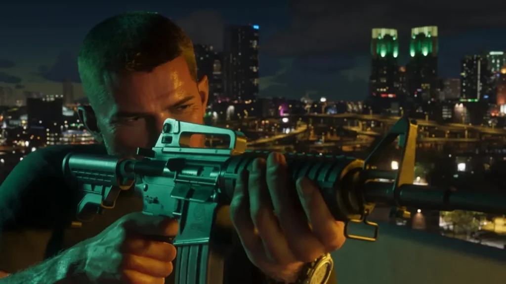 GTA 6 Jason aiming a rifle at night with Vice City skyline in background