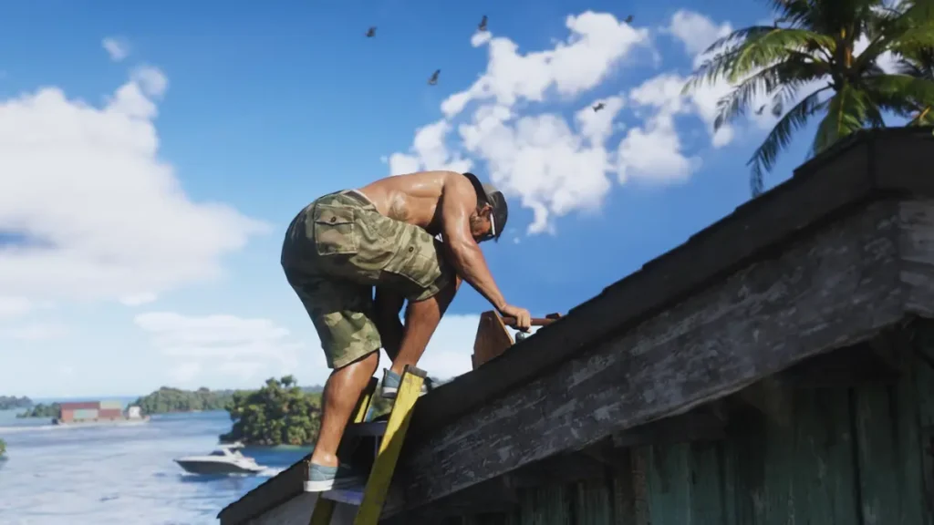 GTA 6’s Jason repairing a rooftop using a hammer in a close-up shot from Trailer 2, set in a tropical Vice City location.