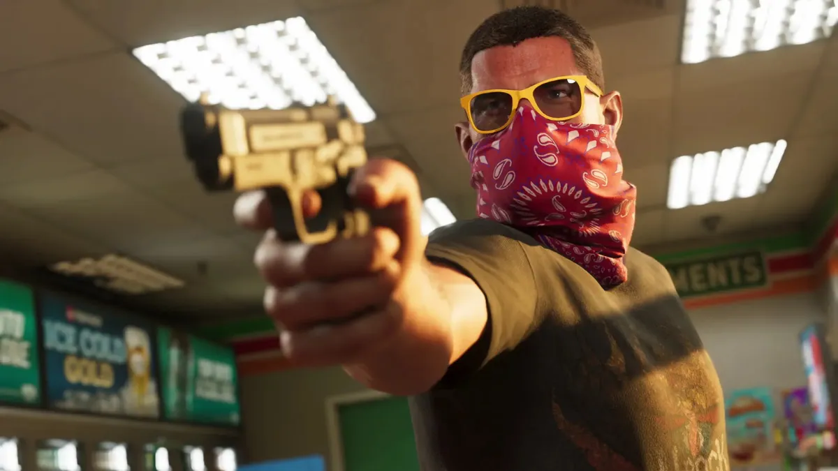 GTA 6 character Jason aiming golden handgun during store robbery scene