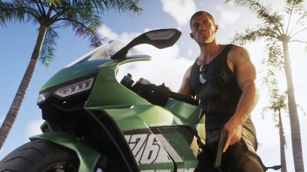 GTA 6 character Jason standing next to green superbike under palm trees in Vice City