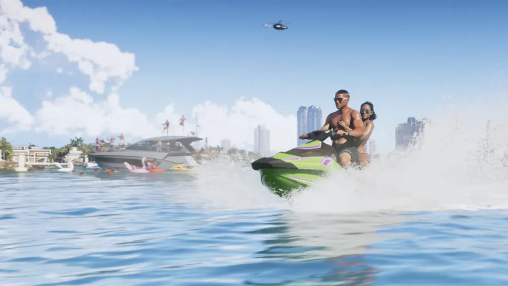 GTA 6 jet ski scene showing two characters speeding past a party yacht in Vice City's waterfront skyline