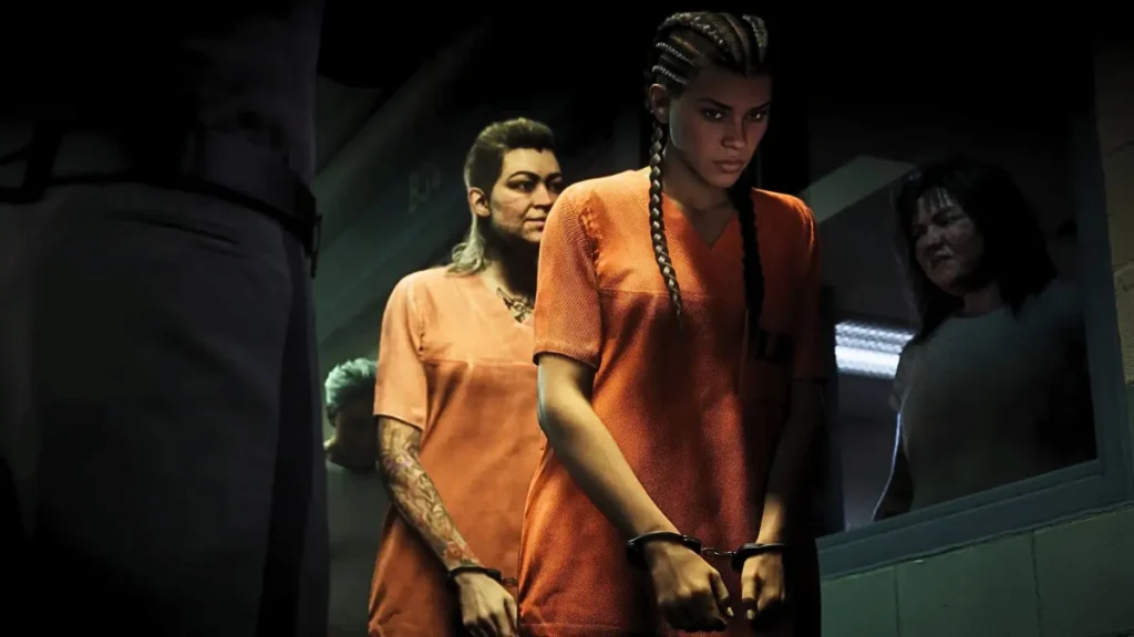 Lucia in handcuffs wearing prison uniform in GTA 6 jail scene