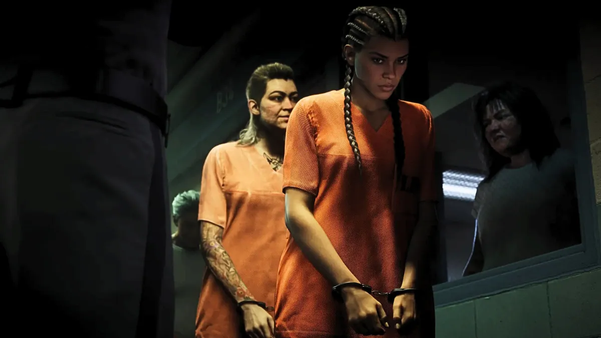 Lucia in handcuffs wearing prison uniform in GTA 6 jail scene