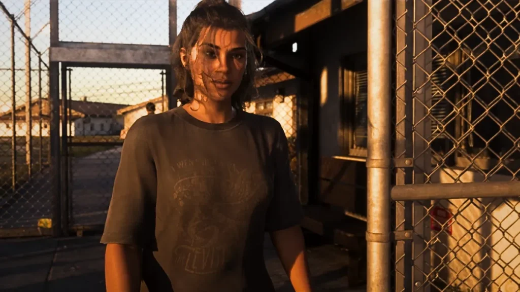 GTA 6 female protagonist Lucia Caminos exiting detention facility in prisoner t-shirt