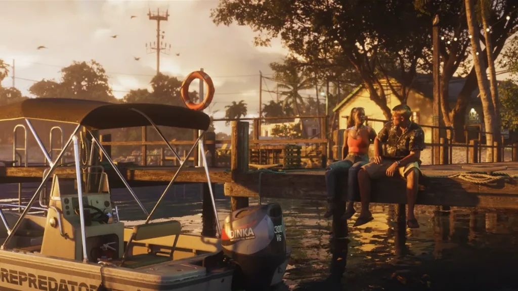 Lucia and a man sitting on a dock at sunset with a boat nearby in GTA 6 Trailer 2