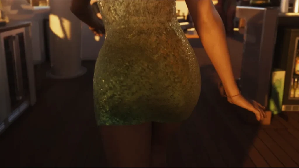 Lucia in green sequin dress walking on yacht in GTA 6 Trailer 2
