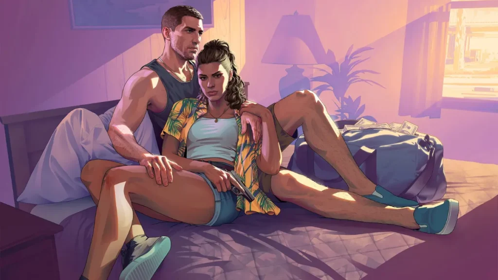 Illustrated GTA 6 characters Lucia and Jason sitting on a bed with a duffel bag full of cash