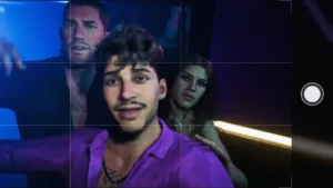 Jason, Lucia, and another man taking a selfie in a nightclub during a party scene in GTA 6 Trailer 2