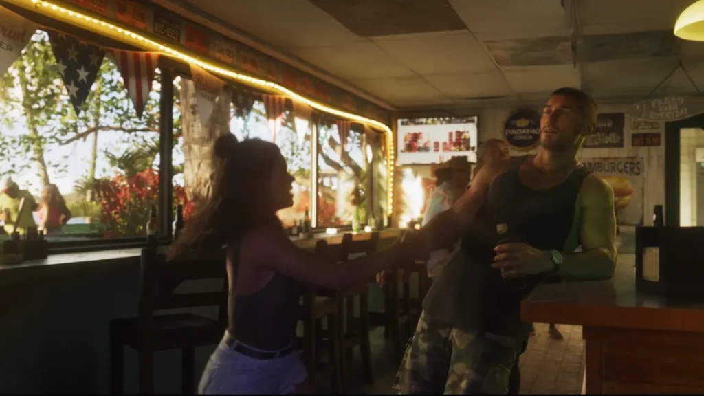 Lucia romantically pulling Jason closer in GTA 6 Trailer 2 bar scene
