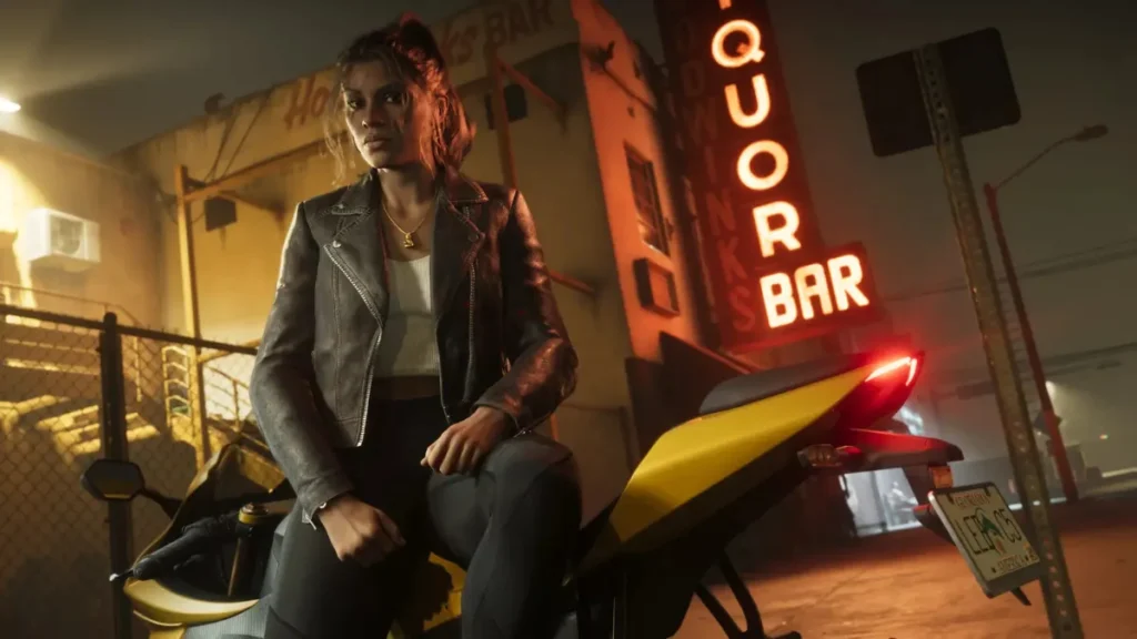 Lucia sitting on motorcycle in front of neon bar in GTA 6 night scene