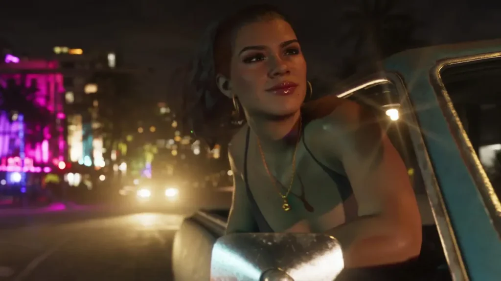 Lucia smiling from car window during nighttime city cruise in GTA 6