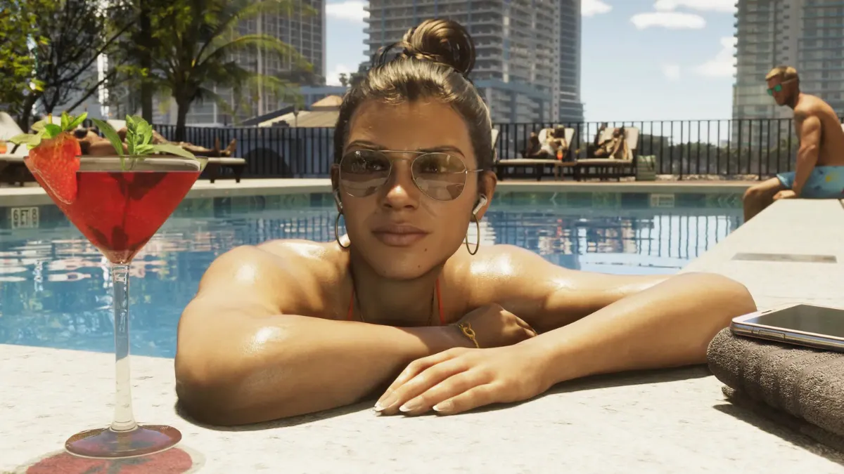 Lucia relaxing poolside in GTA 6 with cocktail and sunglasses