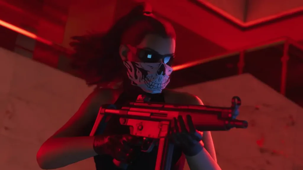 Lucia in skull mask with SMG during a heist scene in GTA 6 Trailer 2