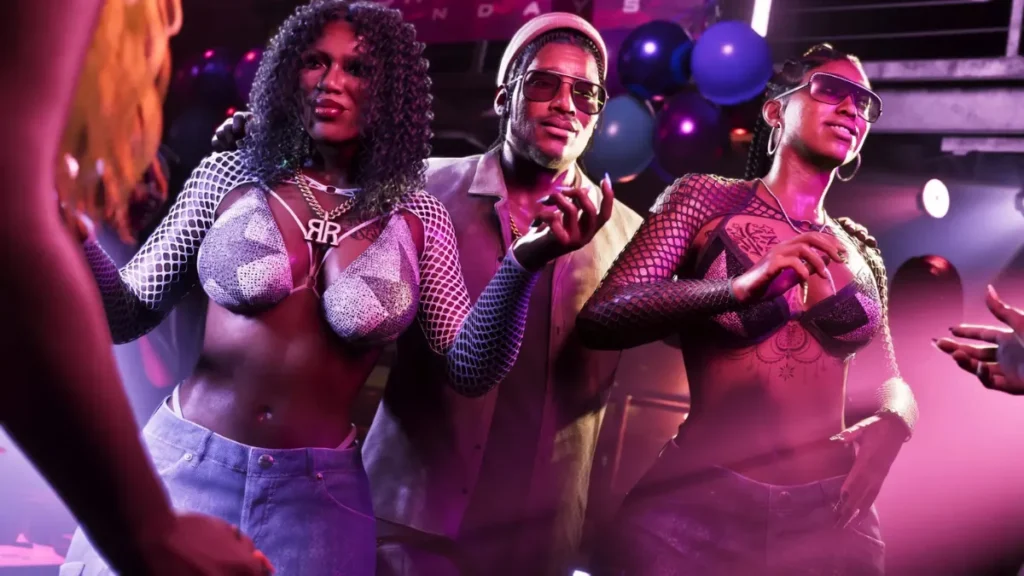GTA 6 nightclub scene with stylish characters dancing under neon lights in Vice City