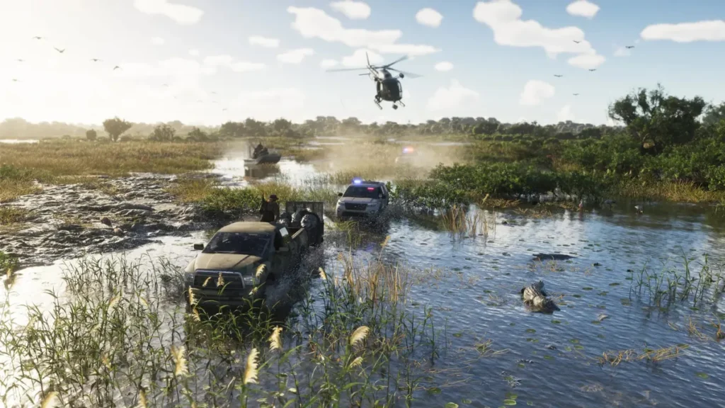 GTA 6 police chase in swamp with helicopter and airboats