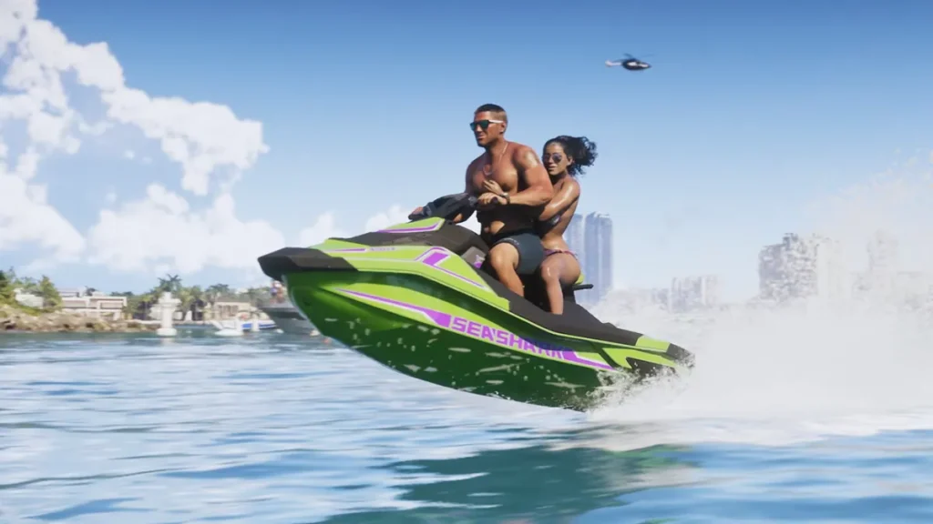Close-up of GTA 6 characters jumping a Seashark jet ski above Vice City waters with skyline in background