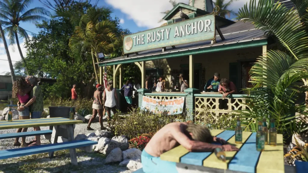 Rockstar Quietly Updates GTA 6 Trailers After New Delay GTA 6 The Rusty Anchor bar scene with people drinking and partying during a Crab Festival in Vice City