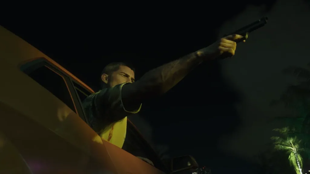 A man firing a handgun from the window of a car during a nighttime drive-by scene in GTA 6 Trailer 2, with palm trees visible in the background.