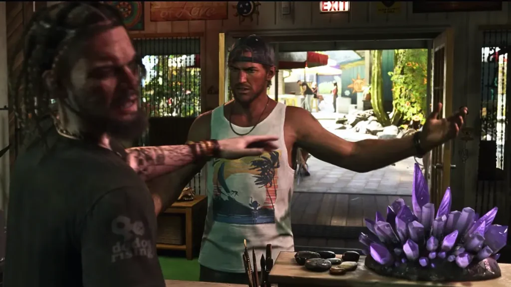 Jason arguing with a tattooed shopkeeper inside a crystal store in GTA 6 Trailer 2, surrounded by purple gemstones and tropical decor.