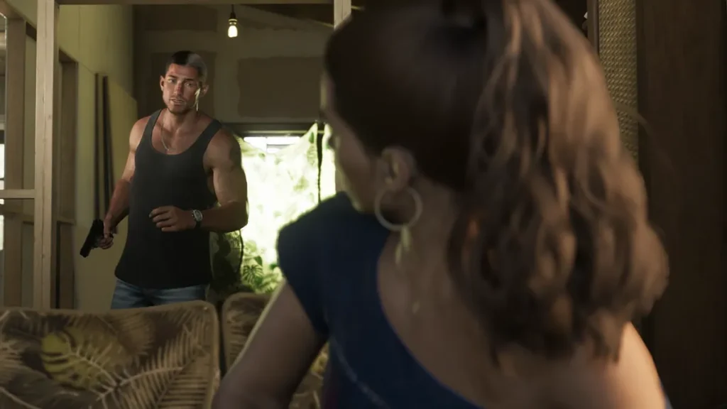 Jason holding a pistol while Lucia looks back at him inside a room in GTA 6 Trailer 2, hinting at a mission preparation