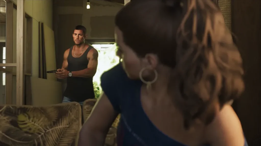 Jason holding a revolver with Lucia standing beside him in a room, preparing for a mission in GTA 6 Trailer 2