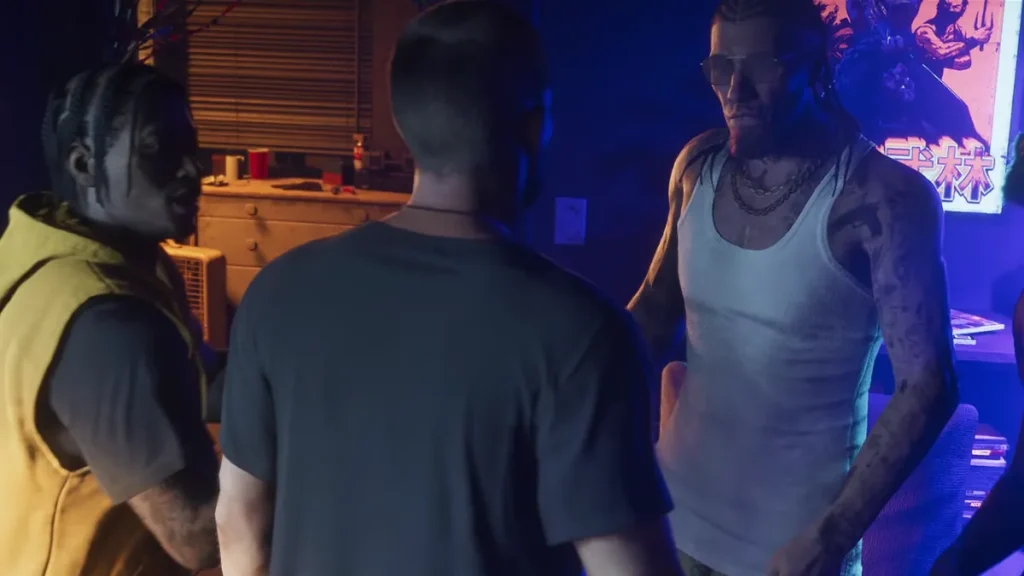 Jason standing in front of two tattooed gang members in a dimly lit backroom in GTA 6 Trailer 2