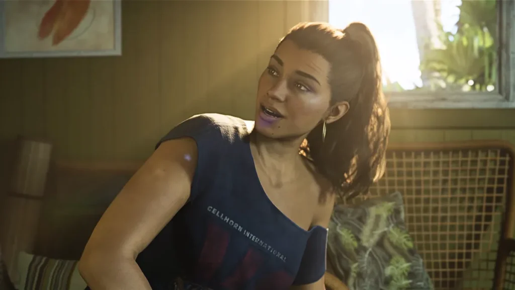 Lucia smiling and speaking inside a cozy, sunlit room with a rattan chair in GTA 6 Trailer 2