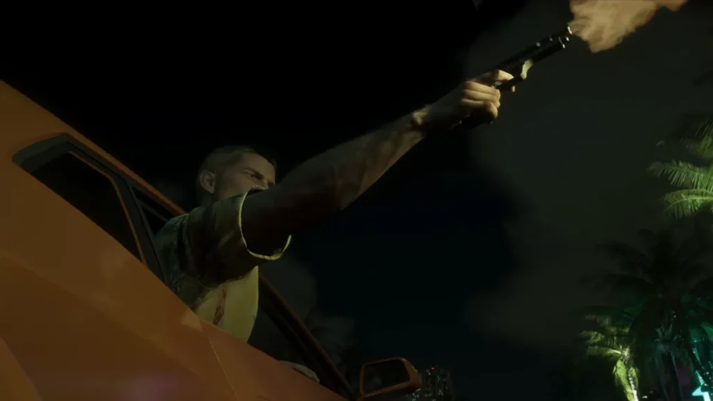 Will GTA 6 Have Destructible Buildings and Environments? Man firing a pistol from an orange car window at night in GTA 6 Trailer 2, with muzzle flash, palm trees, and city lights in the background.