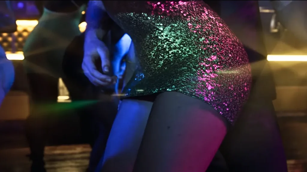Close-up of a glittery pink and green dress in a nightclub scene from GTA 6 Trailer 2 with vivid neon lighting and people dancing