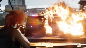 Police car hit by rocket in fiery explosion during chase scene in GTA 6 Trailer 2