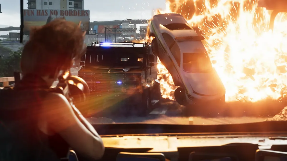 Rocket launcher fired at police car causing explosion during high-speed chase in GTA 6 Trailer 2