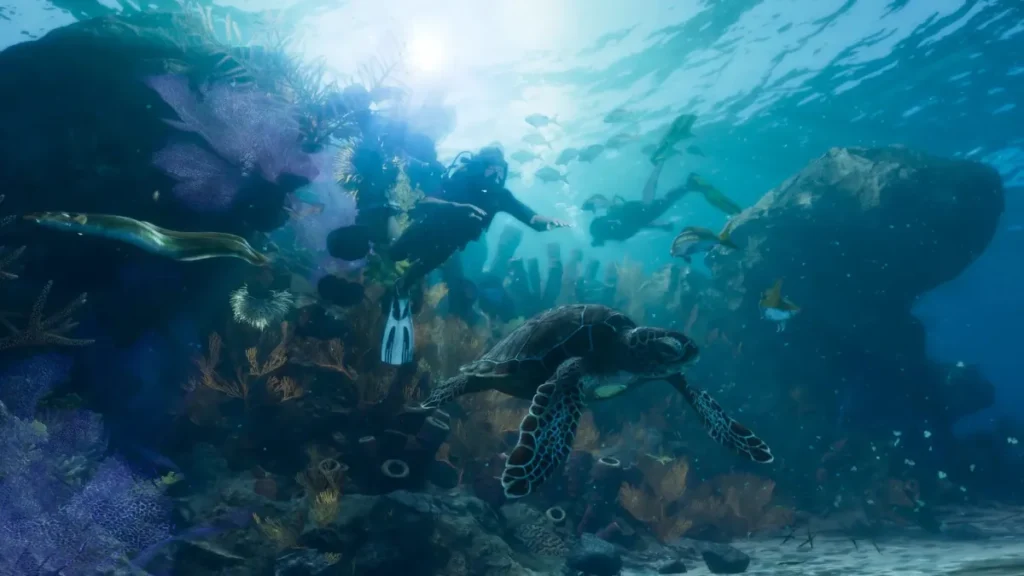 Scuba divers exploring coral reef with sea turtle and fish in GTA 6 underwater scene