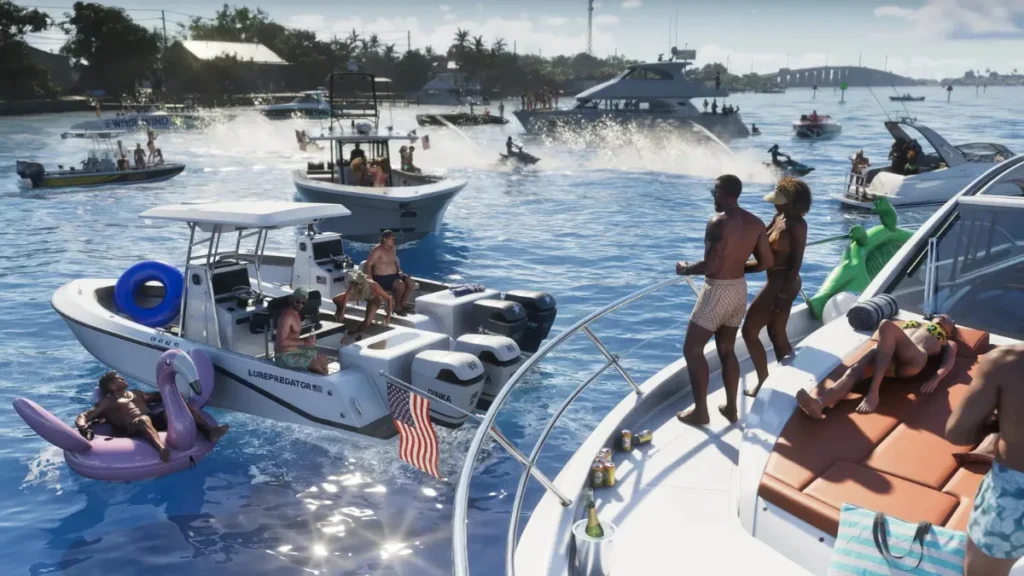 GTA 6 luxury boat party with people sunbathing, dancing, and riding jet skis in Vice City