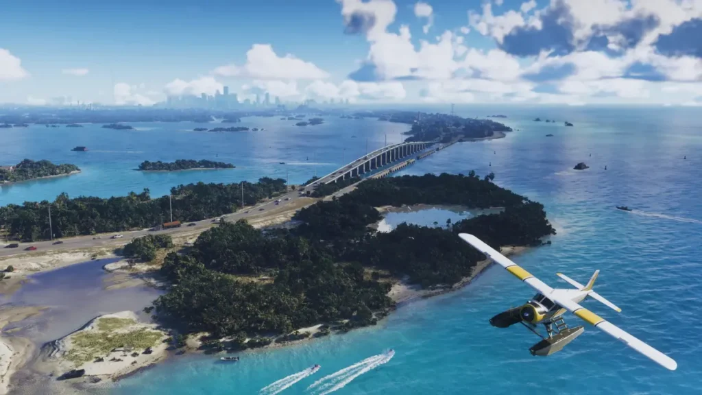 Seaplane flying over Vice City bridge and islands in GTA 6 with distant skyline