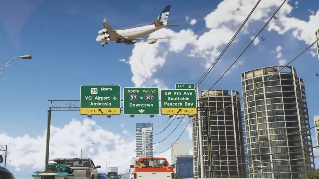 GTA 6 screenshot showing highway signs to VCI Airport, Downtown, and Peacock Bay with airplane flying overhead