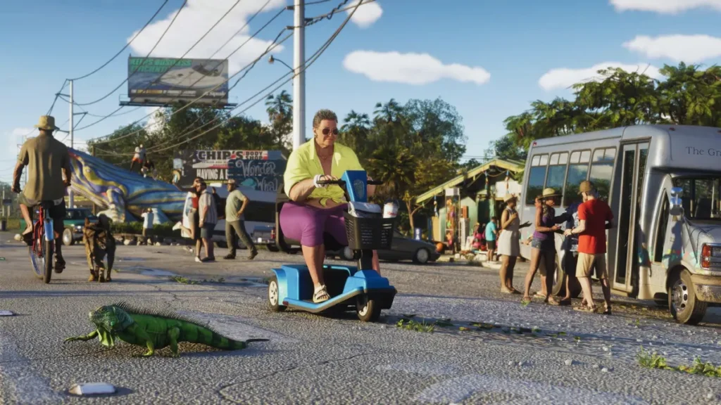 Elderly woman on mobility scooter passing iguana on busy Vice City street in GTA 6