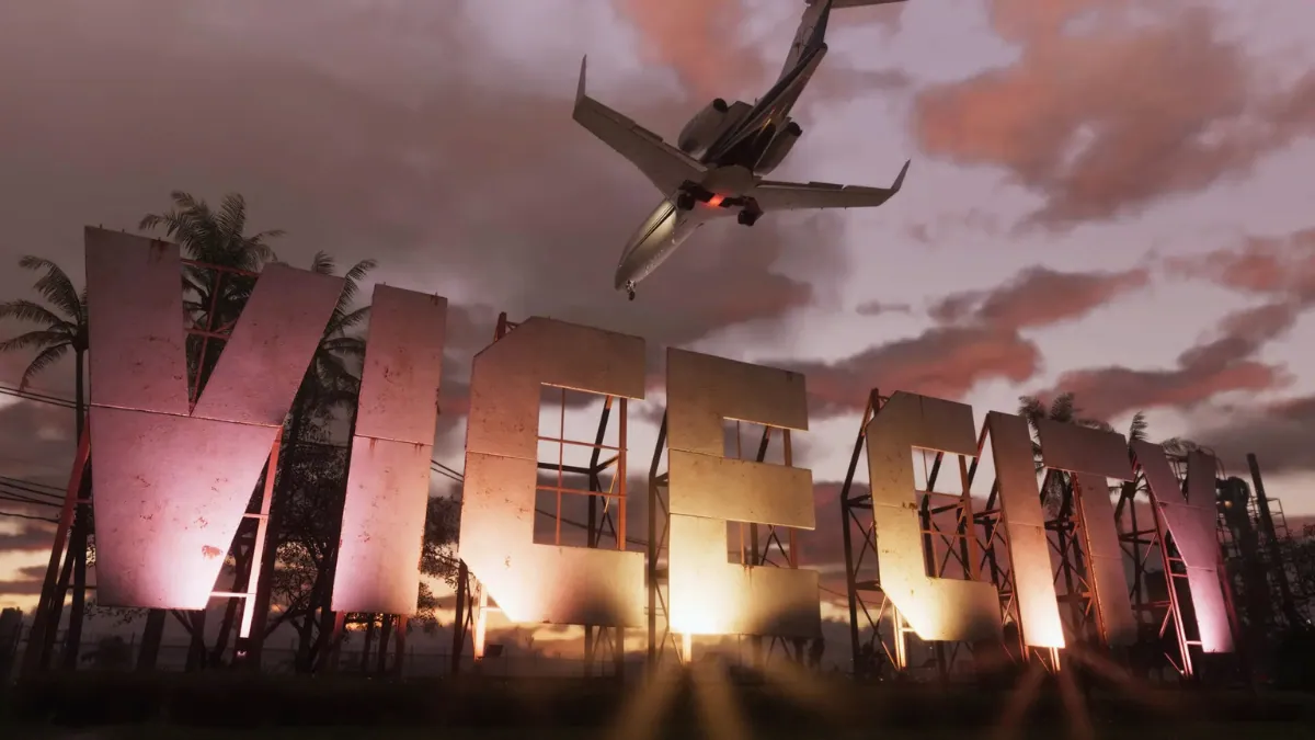 Vice City sign at sunset with plane flying overhead in GTA 6